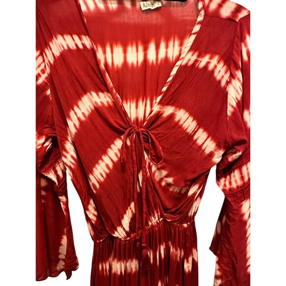 Maroon, Ivory Long Flowing Dress with Plunging Neckline, Tie Front and Belt - Picture 2 of 9